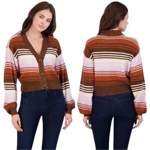 NEW Kendall & Kylie Women’s Large Knit Striped Cardigan Crop Sweater Retro 70’s